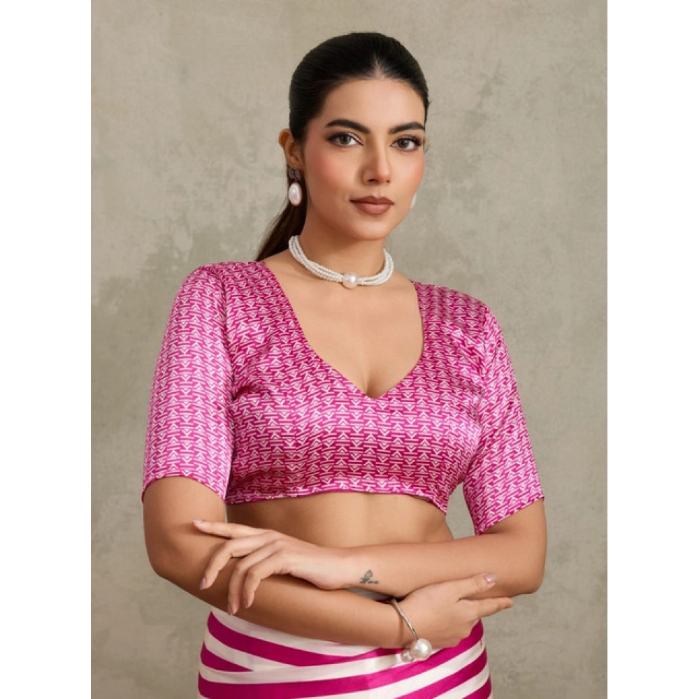 Generic Women's Satin Crepe Printed Saree With Unstitched Blouse 5.5Mtr (Pink) - Image 2