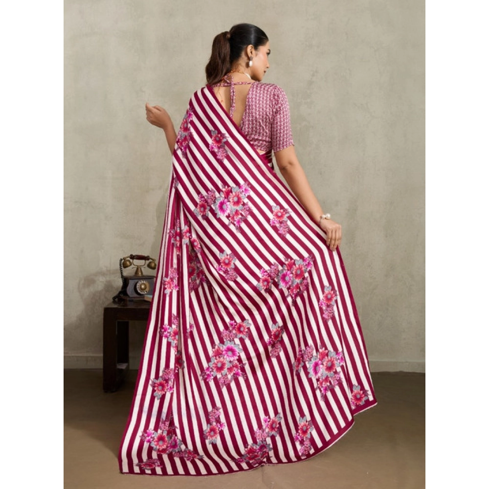 Generic Women's Satin Crepe Printed Saree With Unstitched Blouse 5.5Mtr (Maroon) - Image 4