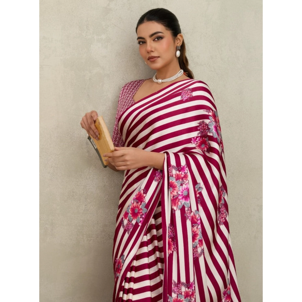 Generic Women's Satin Crepe Printed Saree With Unstitched Blouse 5.5Mtr (Maroon) - Image 3
