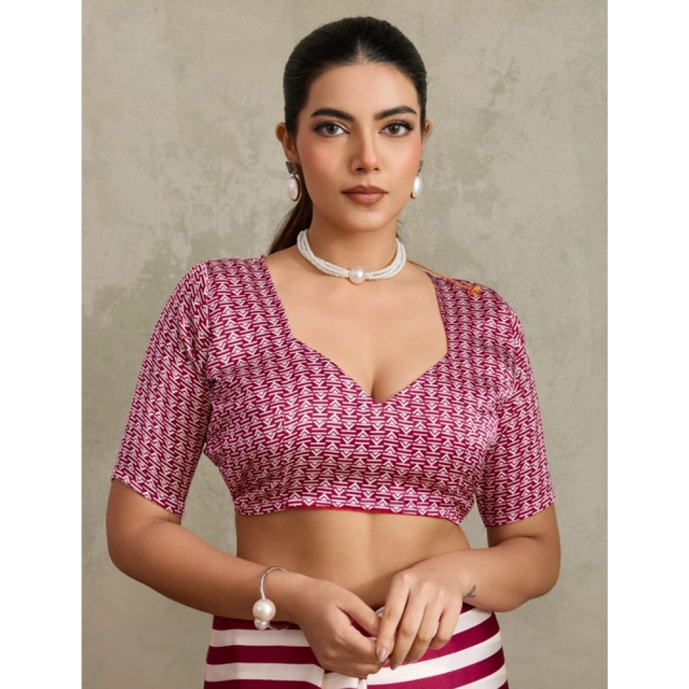 Generic Women's Satin Crepe Printed Saree With Unstitched Blouse 5.5Mtr (Maroon) - Image 2