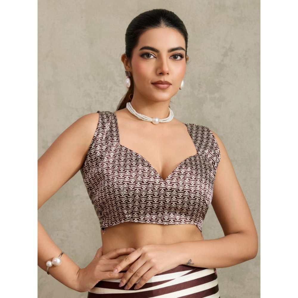 Generic Women's Satin Crepe Printed Saree With Unstitched Blouse 5.5Mtr (Brown) - Image 2