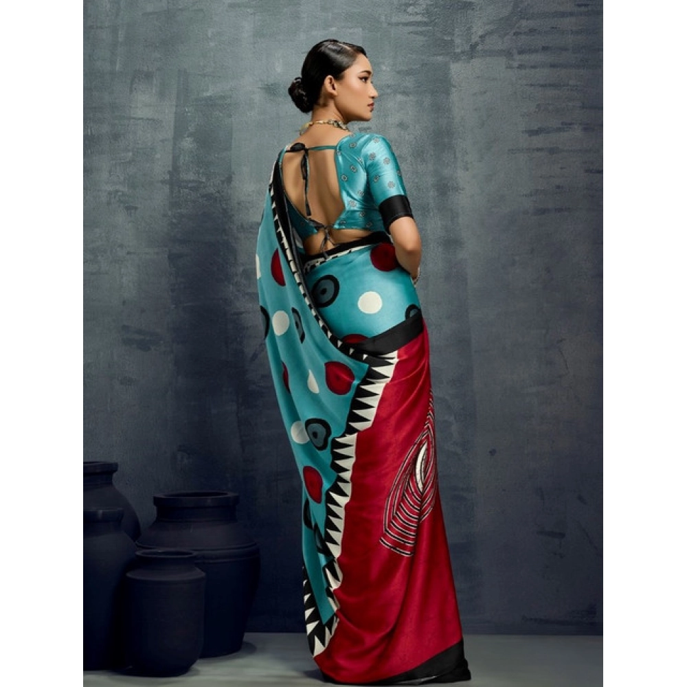 Generic Women's Satin Crepe Printed Saree With Unstitched Blouse 5.5Mtr (Sky Blue) - Image 4