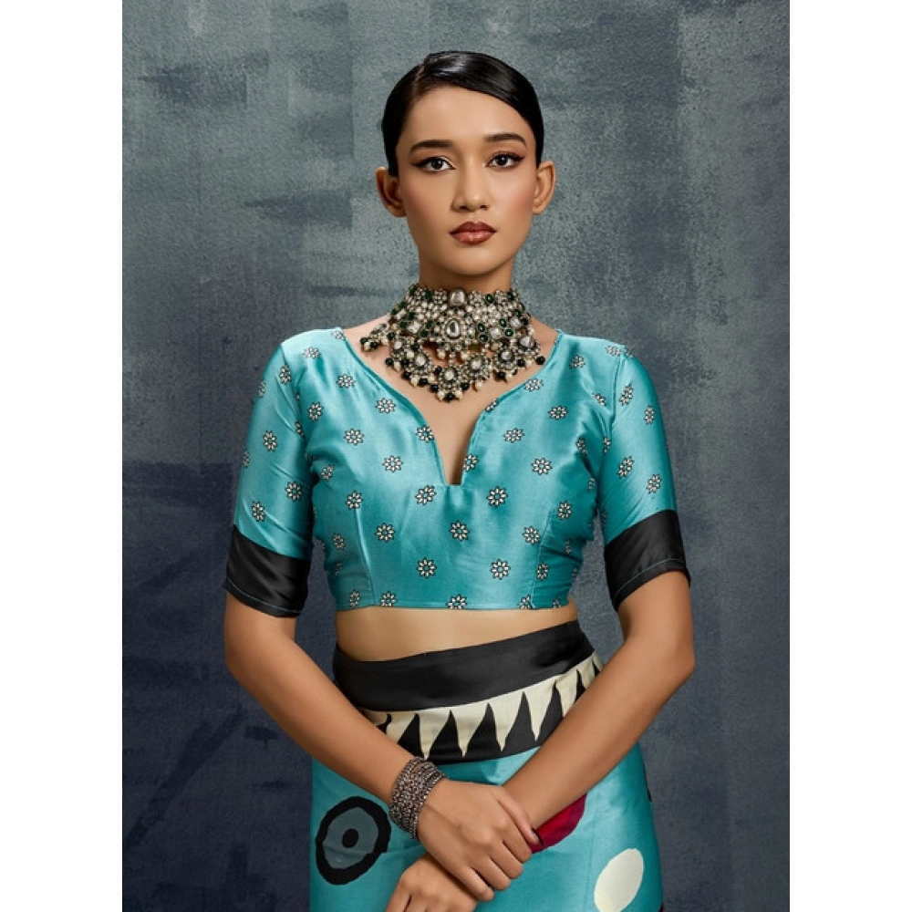Generic Women's Satin Crepe Printed Saree With Unstitched Blouse 5.5Mtr (Sky Blue) - Image 2