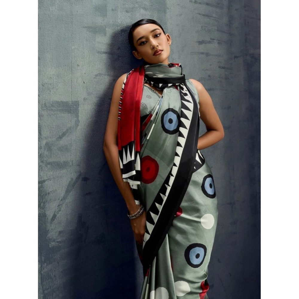 Generic Women's Satin Crepe Printed Saree With Unstitched Blouse 5.5Mtr (Multicolor) - Image 3