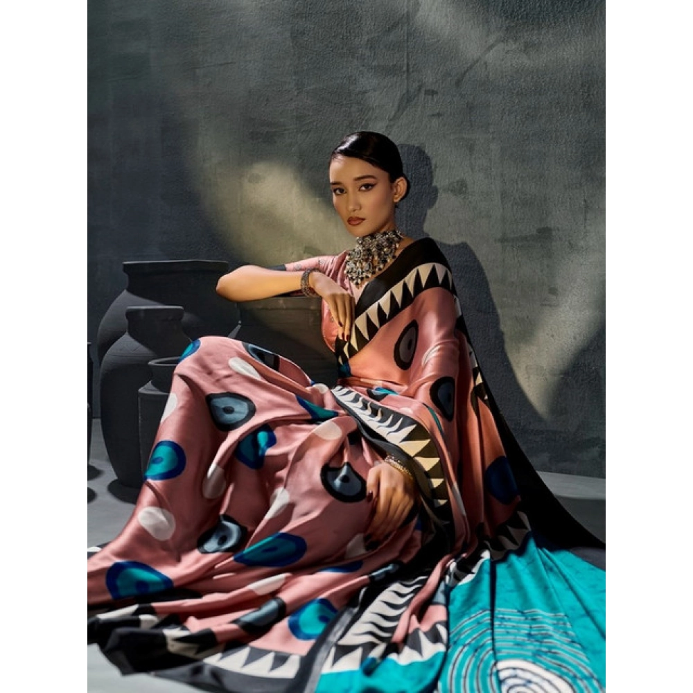 Generic Women's Satin Crepe Printed Saree With Unstitched Blouse 5.5Mtr (Multicolor) - Image 3