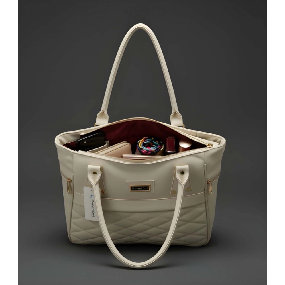 Generic Women's PU Leather Solid Shoulder Zipper Handbag (Cream) - Image 4