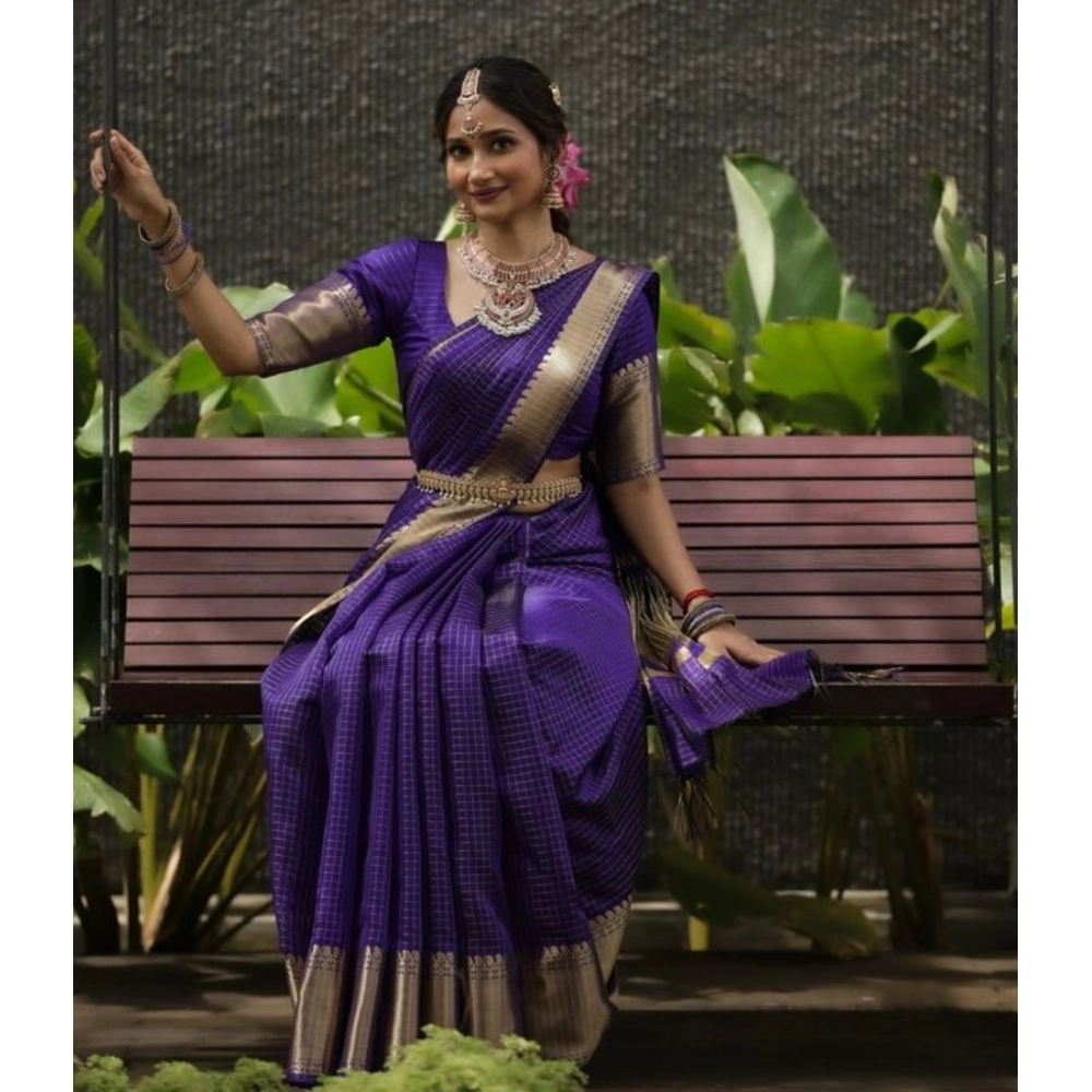 Generic Women's Banarasi Silk Printed Saree With Unstitched Blouse 5.5Mtr (Purple) - Image 3