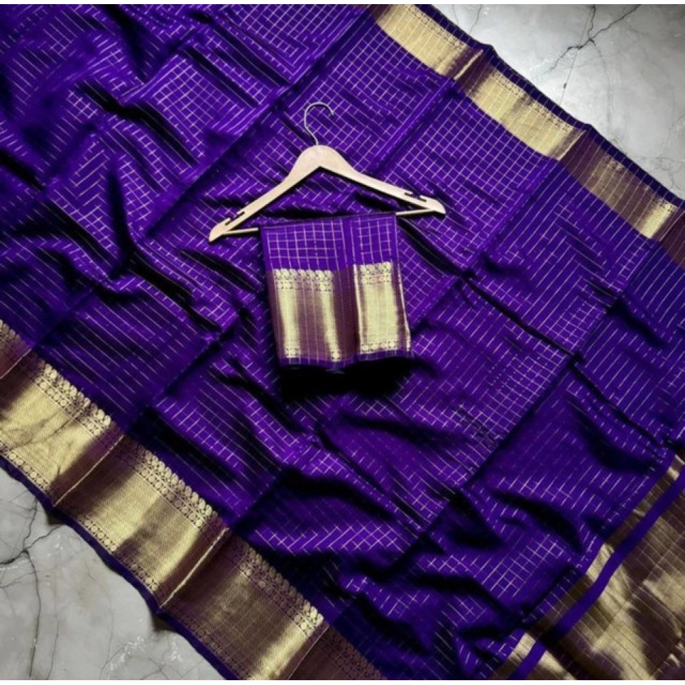 Generic Women's Banarasi Silk Printed Saree With Unstitched Blouse 5.5Mtr (Purple) - Image 2