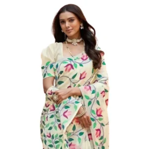 Generic Women's Georgette Printed Saree With Unstitched Blouse 5.5Mtr (Cream)