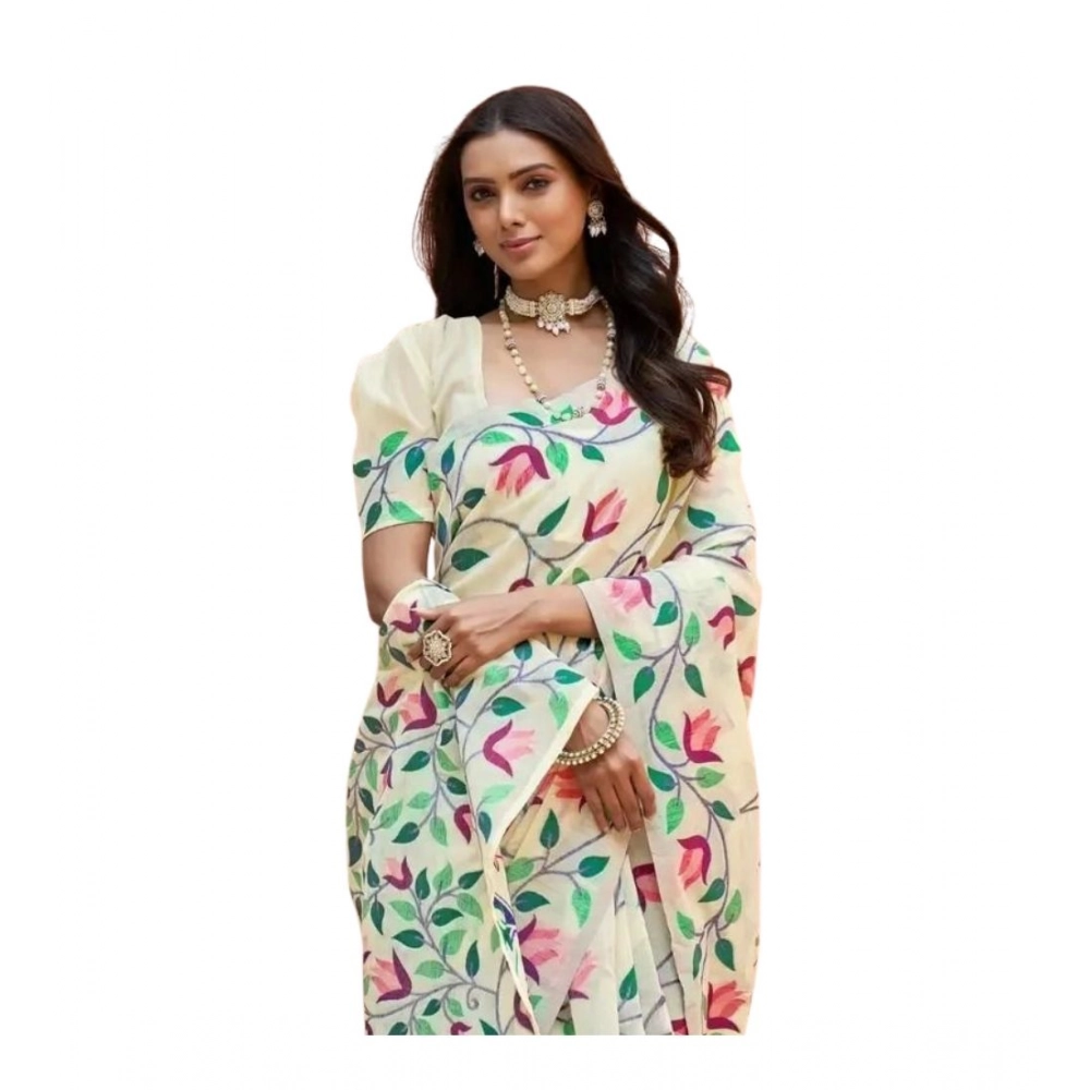 Generic Women's Georgette Printed Saree With Unstitched Blouse 5.5Mtr (Cream) - Image 2