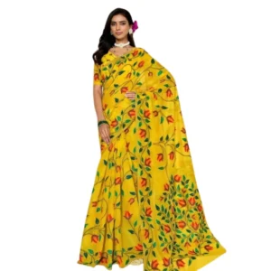 Generic Women's Georgette Printed Saree With Unstitched Blouse 5.5Mtr (Yellow)