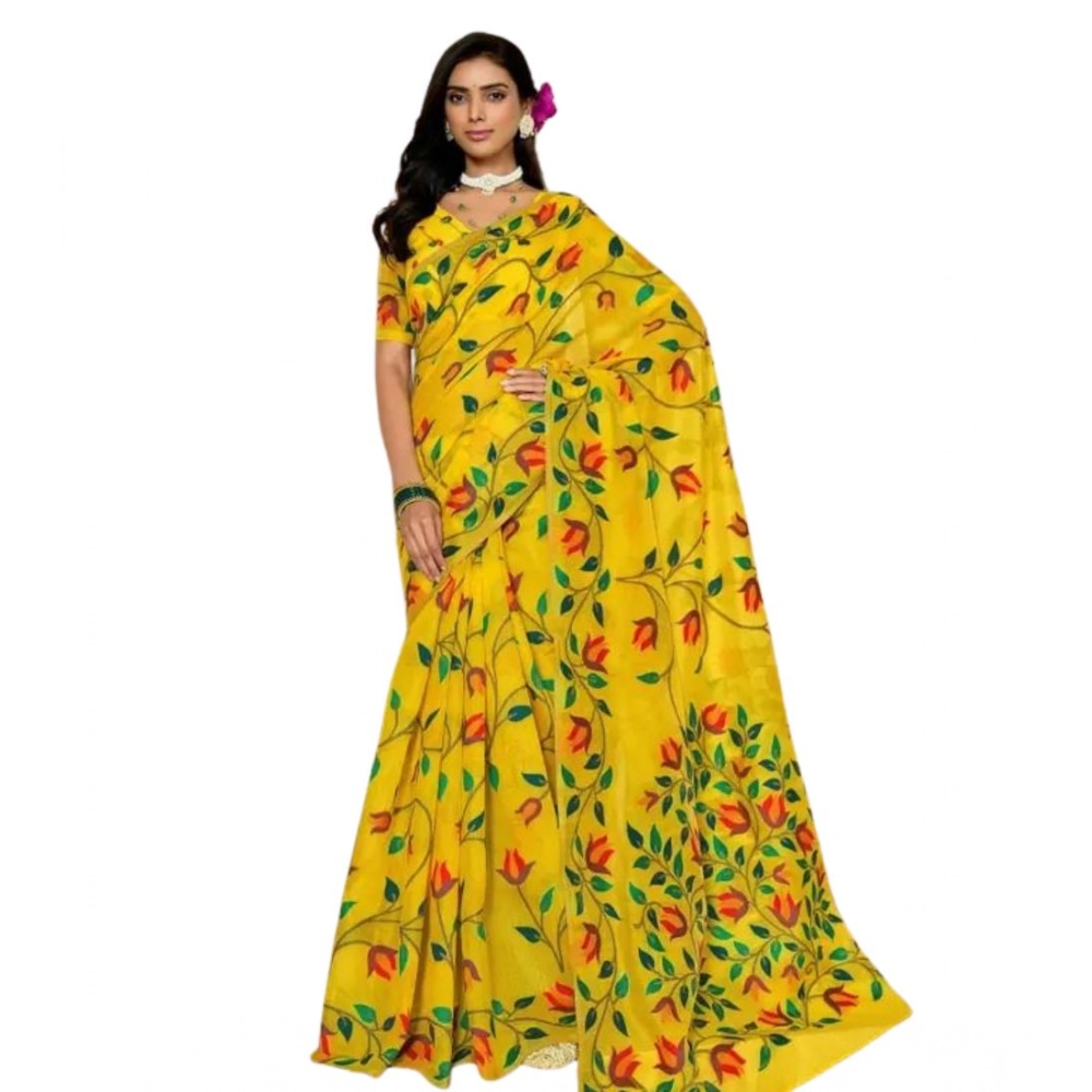 Generic Women's Georgette Printed Saree With Unstitched Blouse 5.5Mtr (Yellow)