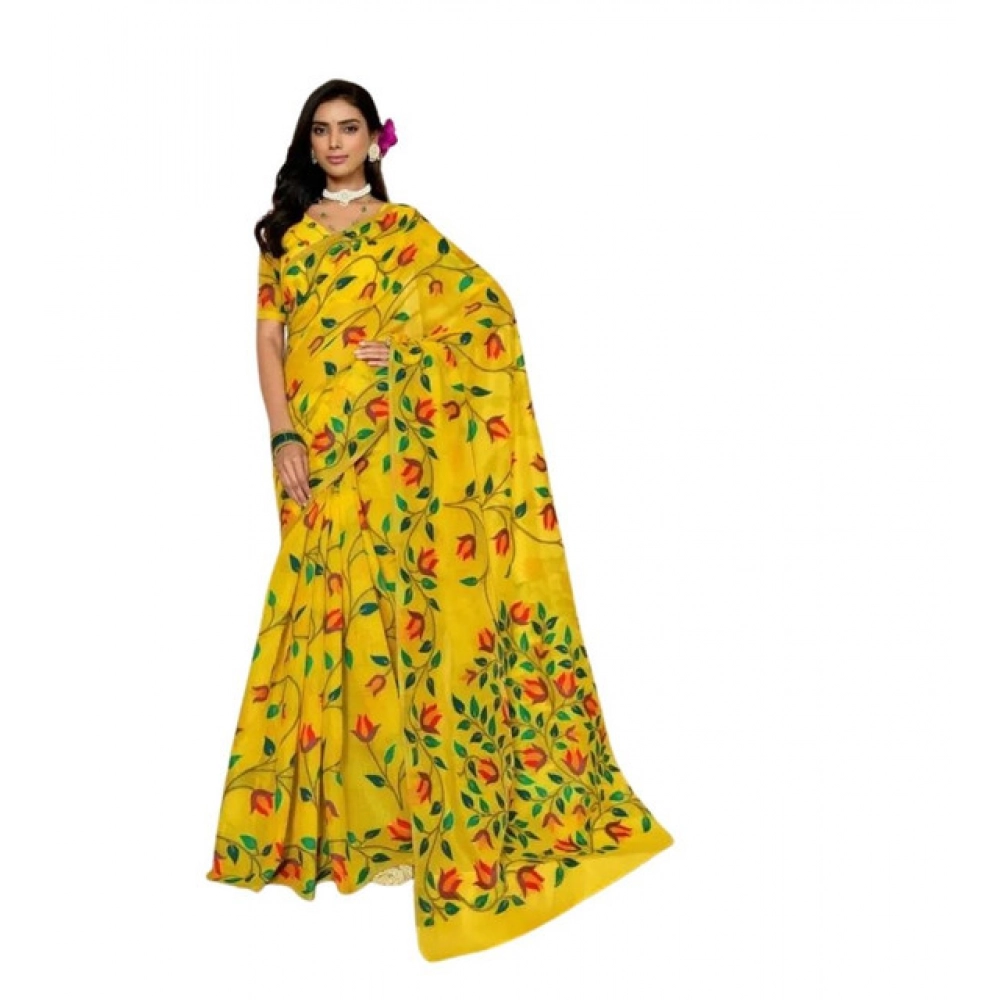 Generic Women's Georgette Printed Saree With Unstitched Blouse 5.5Mtr (Yellow) - Image 2