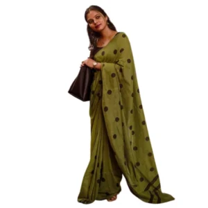 Generic Women's Linen Printed Saree With Unstitched Blouse 5.5Mtr (Green)