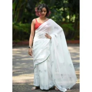 Generic Women's Linen Printed Saree With Unstitched Blouse 5.5Mtr (White)