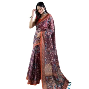Generic Women's Linen Printed Saree With Unstitched Blouse 5.5Mtr (Brown)