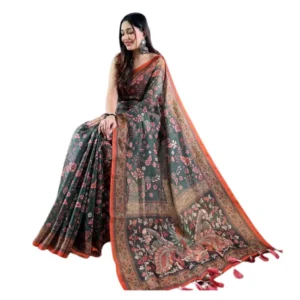 Generic Women's Linen Printed Saree With Unstitched Blouse 5.5Mtr (Green)