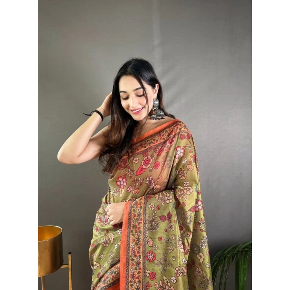 Generic Women's Linen Printed Saree With Unstitched Blouse 5.5Mtr (Sea Green) - Image 2
