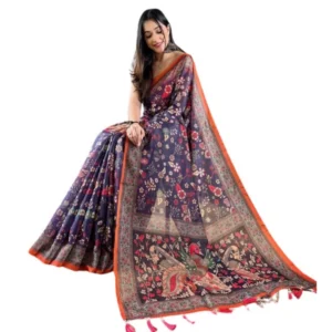 Generic Women's Linen Printed Saree With Unstitched Blouse 5.5Mtr (Blue)