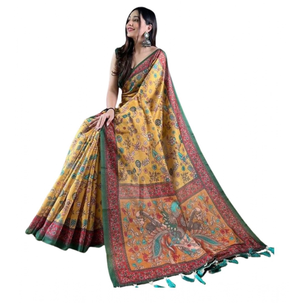 Generic Women's Linen Printed Saree With Unstitched Blouse 5.5Mtr (Yellow)