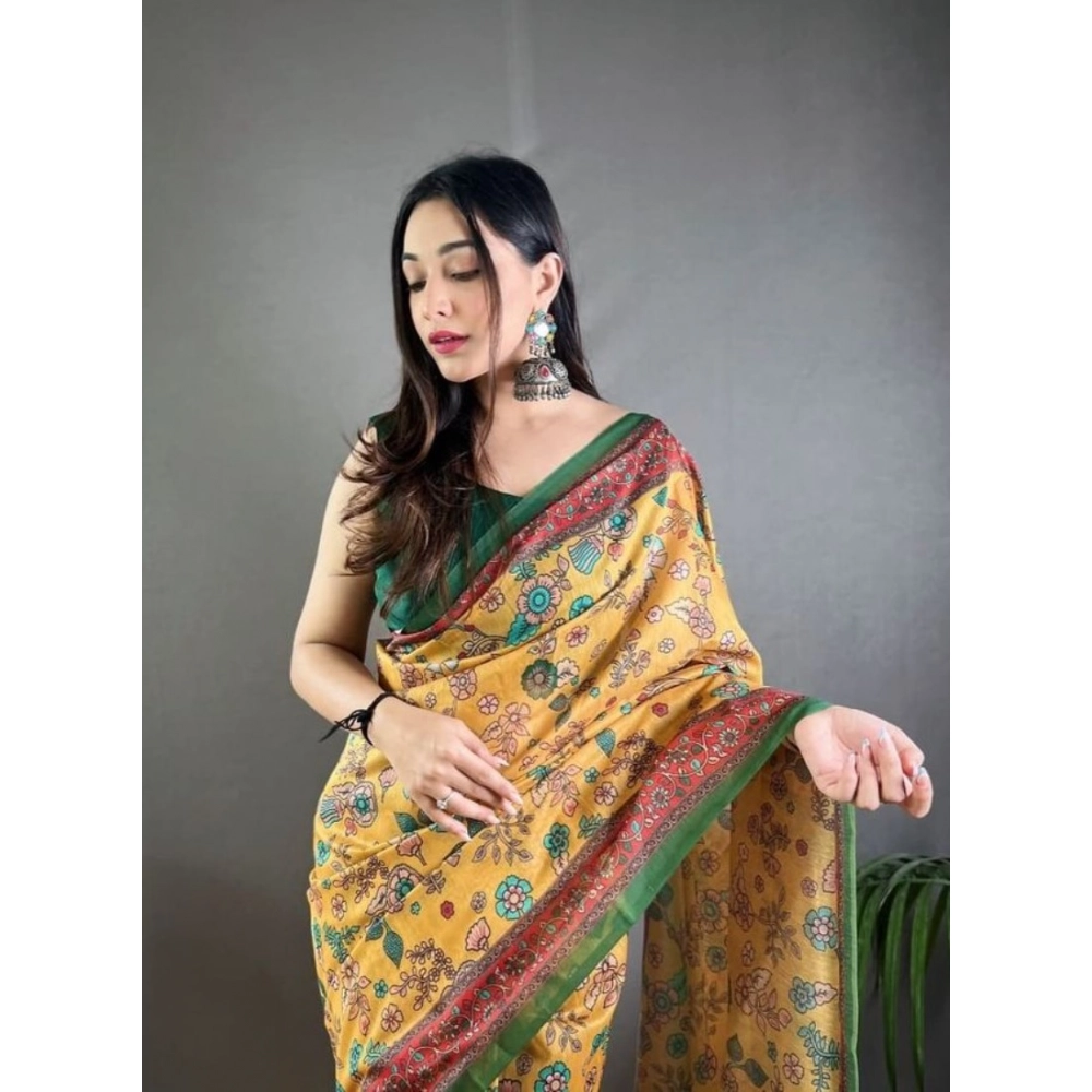 Generic Women's Linen Printed Saree With Unstitched Blouse 5.5Mtr (Yellow) - Image 2