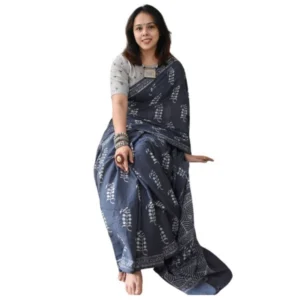 Generic Women's Linen Printed Saree With Unstitched Blouse 5.5Mtr (Grey)