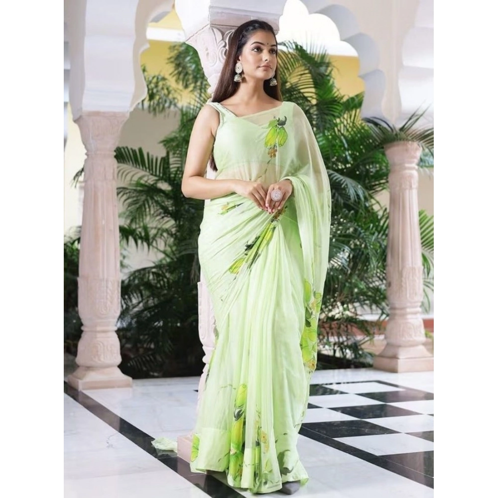 Generic Women's Linen Printed Saree With Unstitched Blouse 5.5Mtr (Green)