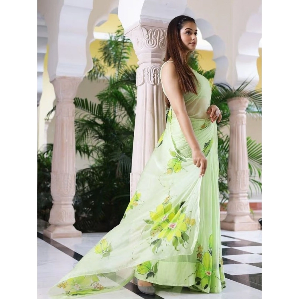 Generic Women's Linen Printed Saree With Unstitched Blouse 5.5Mtr (Green) - Image 3
