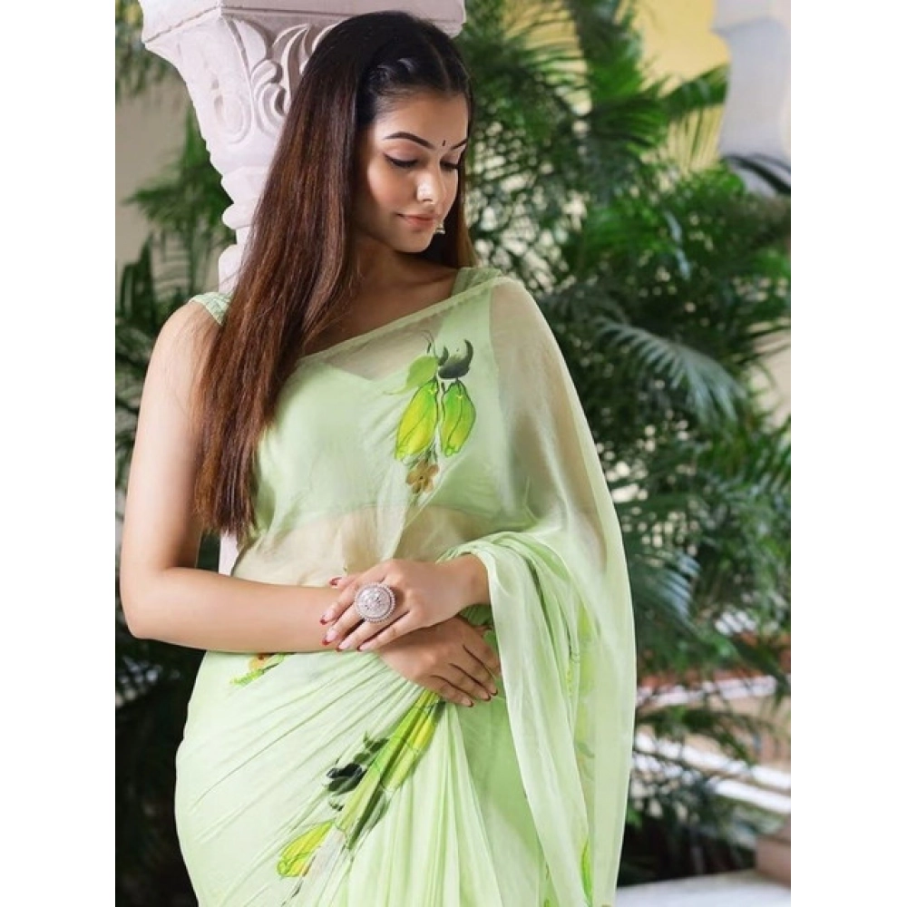 Generic Women's Linen Printed Saree With Unstitched Blouse 5.5Mtr (Green) - Image 2