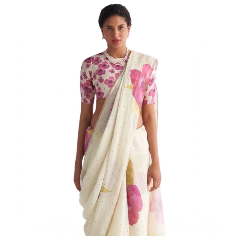 Generic Women's Linen Printed Saree With Unstitched Blouse 5.5Mtr (White)
