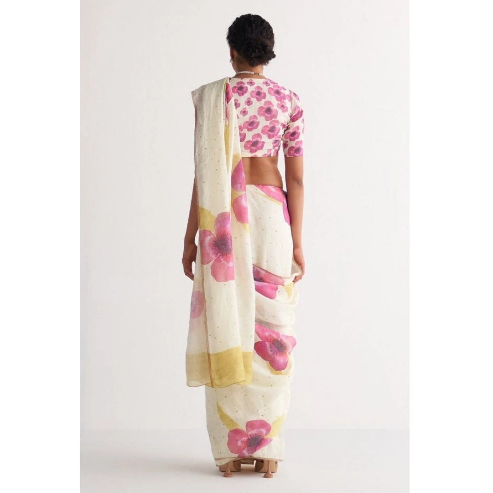 Generic Women's Linen Printed Saree With Unstitched Blouse 5.5Mtr (White) - Image 4