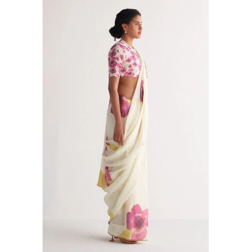 Generic Women's Linen Printed Saree With Unstitched Blouse 5.5Mtr (White) - Image 3