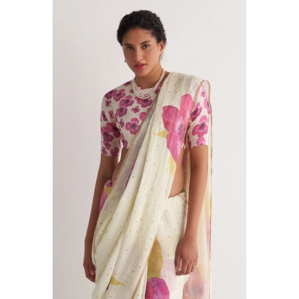 Generic Women's Linen Printed Saree With Unstitched Blouse 5.5Mtr (White) - Image 2