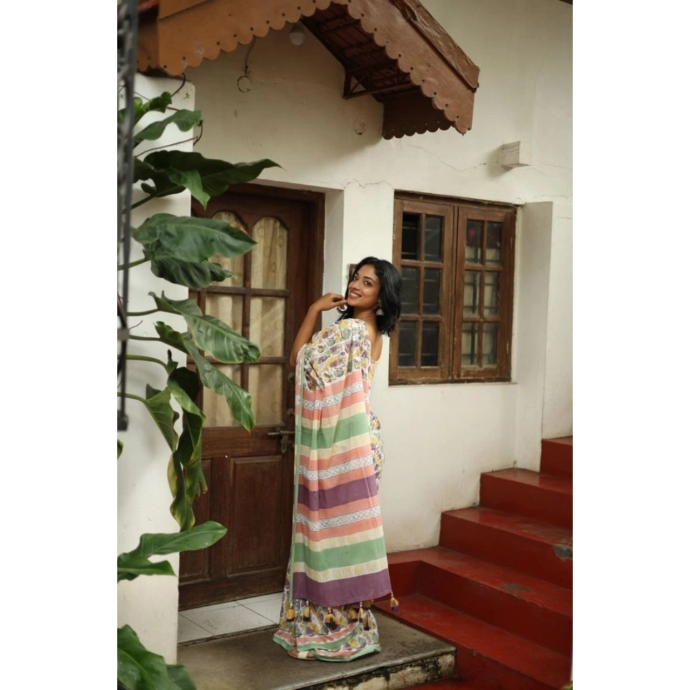 Generic Women's Linen Printed Saree With Unstitched Blouse 5.5Mtr (Multicolor) - Image 4