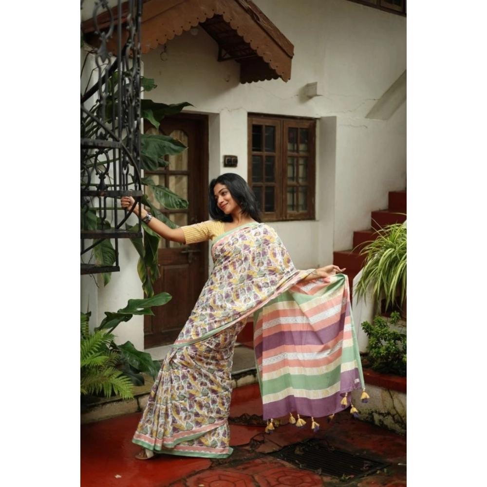 Generic Women's Linen Printed Saree With Unstitched Blouse 5.5Mtr (Multicolor) - Image 3