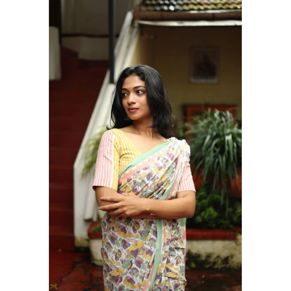 Generic Women's Linen Printed Saree With Unstitched Blouse 5.5Mtr (Multicolor) - Image 2
