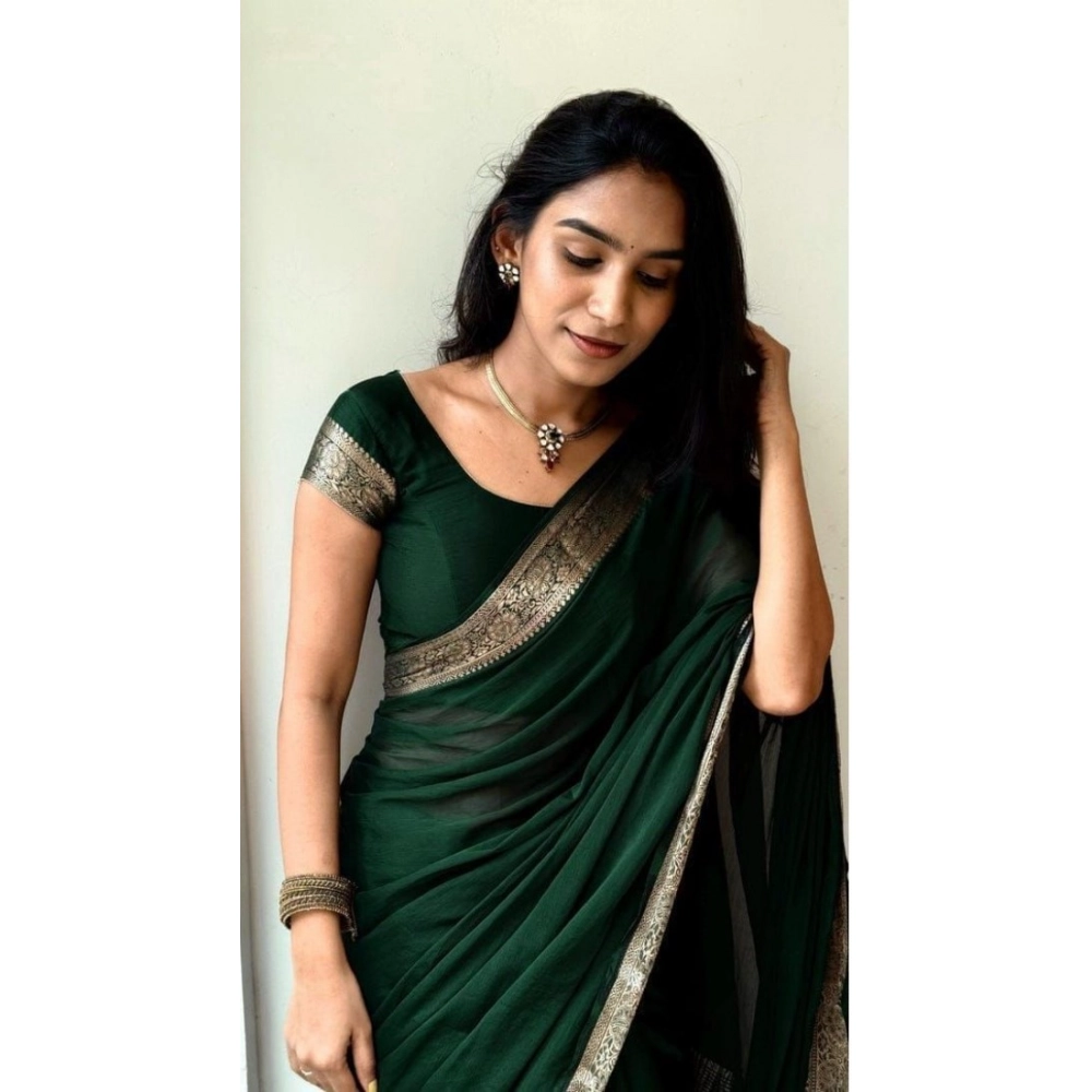 Generic Women's Vichitra Silk Printed Saree With Unstitched Blouse 5.5Mtr (Green) - Image 4