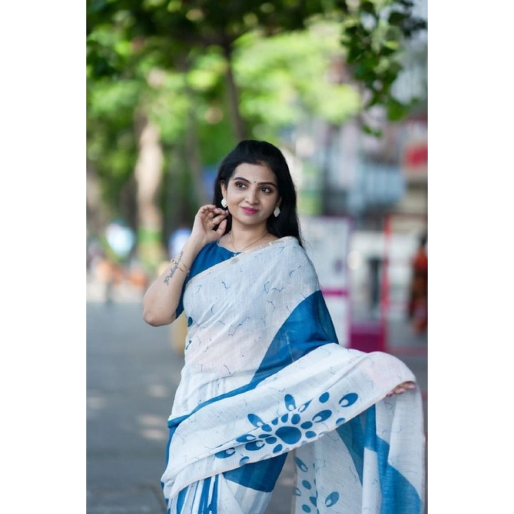 Generic Women's Linen Printed Saree With Unstitched Blouse 5.5Mtr (White) - Image 3