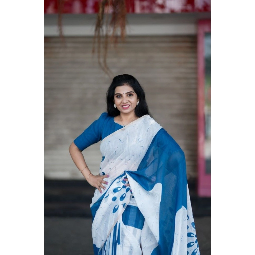Generic Women's Linen Printed Saree With Unstitched Blouse 5.5Mtr (White) - Image 2