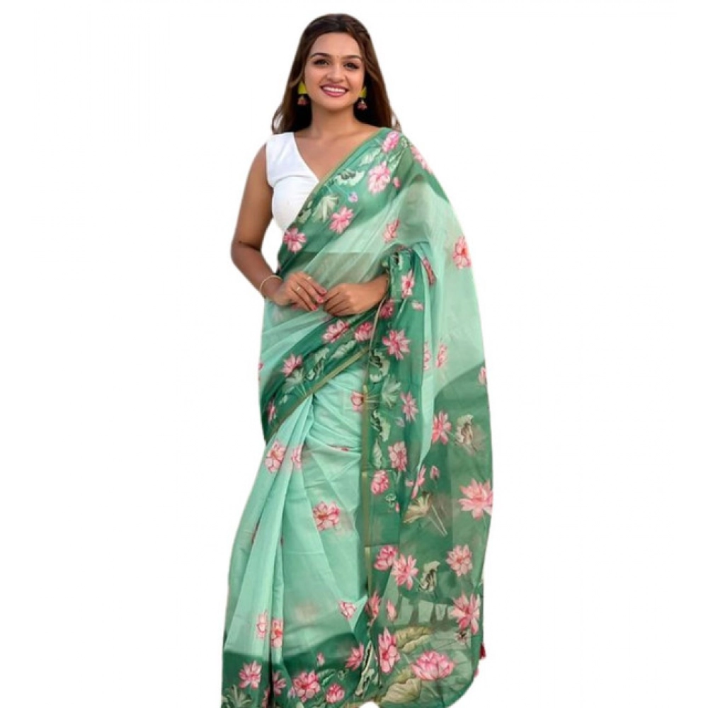 Generic Women's Linen Printed Saree With Unstitched Blouse 5.5Mtr (Green)
