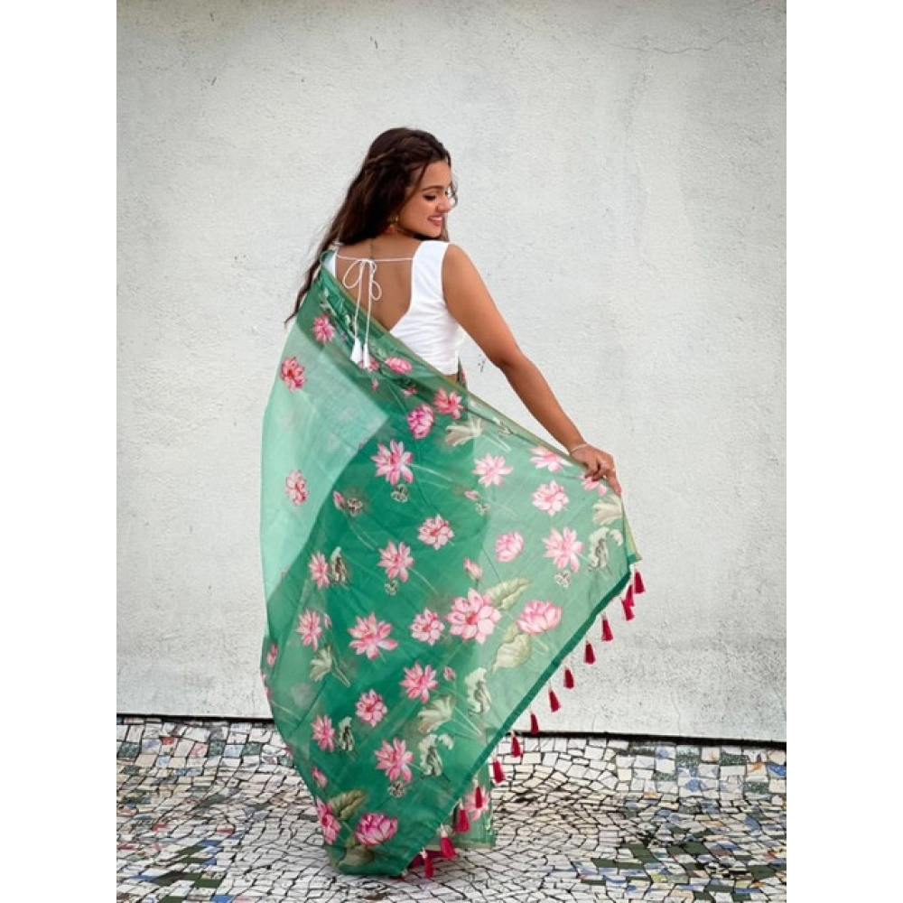 Generic Women's Linen Printed Saree With Unstitched Blouse 5.5Mtr (Green) - Image 4