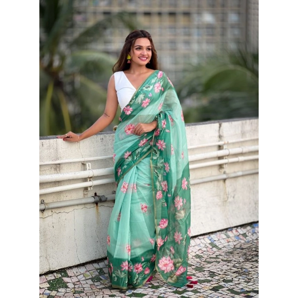 Generic Women's Linen Printed Saree With Unstitched Blouse 5.5Mtr (Green) - Image 3