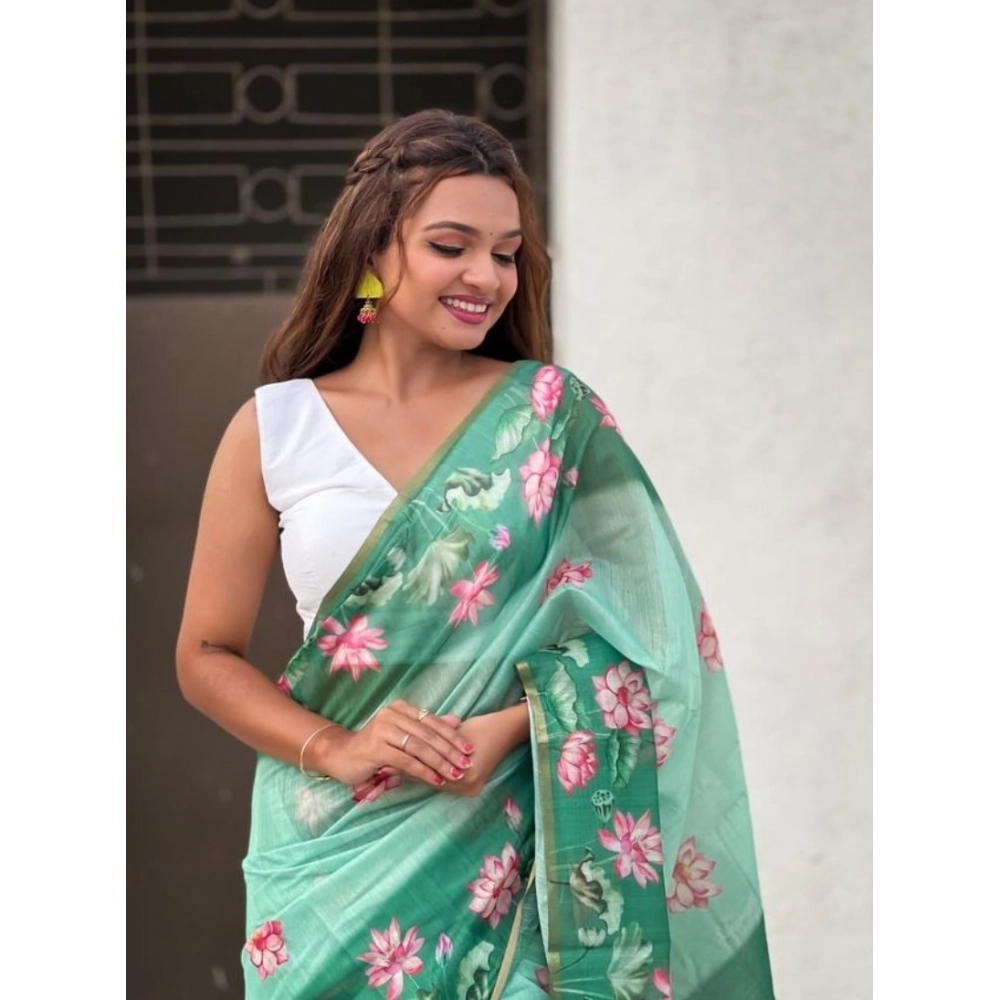 Generic Women's Linen Printed Saree With Unstitched Blouse 5.5Mtr (Green) - Image 2