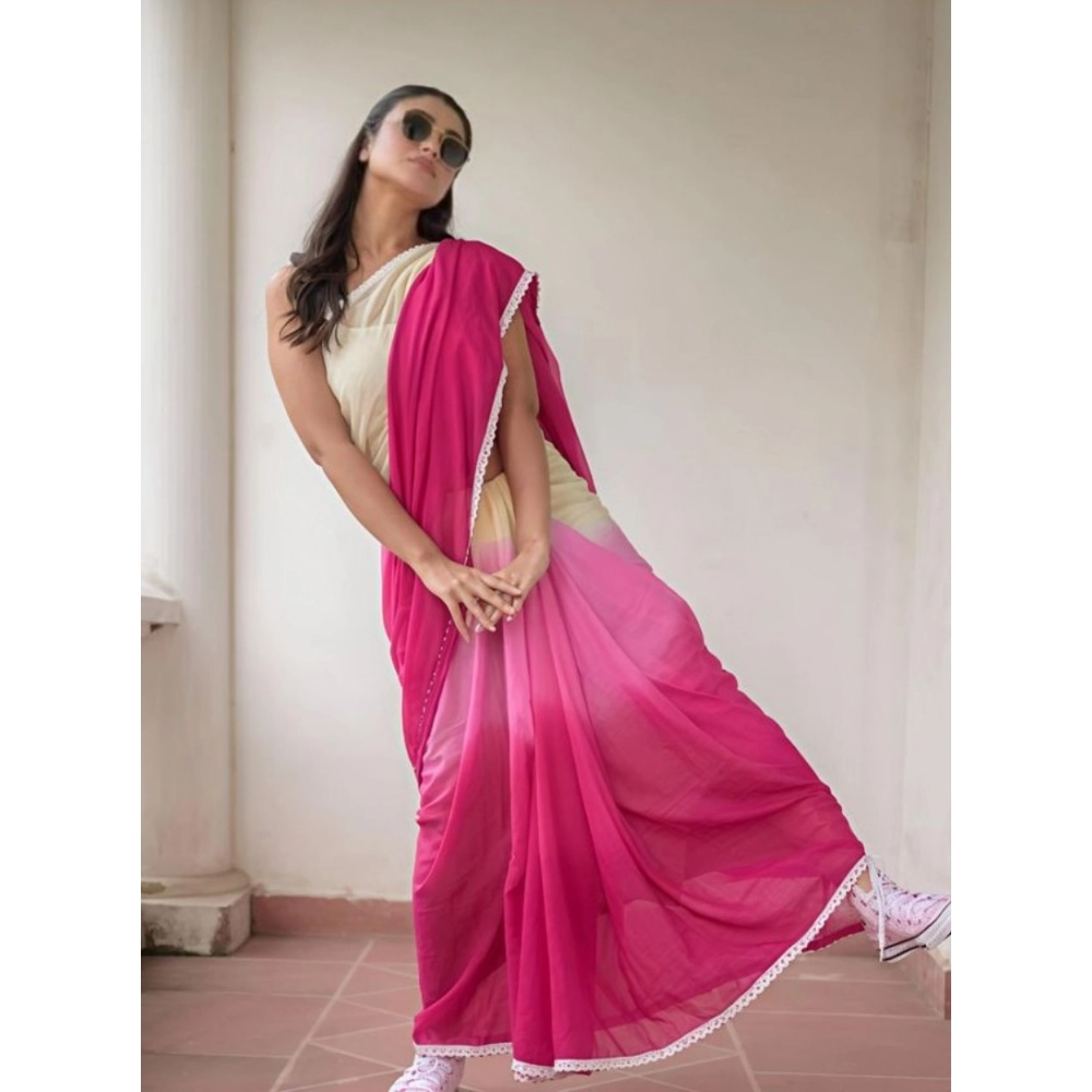 Generic Women's Linen Printed Saree With Unstitched Blouse 5.5Mtr (Pink) - Image 4