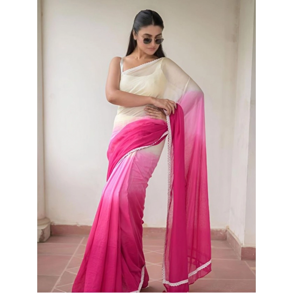 Generic Women's Linen Printed Saree With Unstitched Blouse 5.5Mtr (Pink) - Image 3