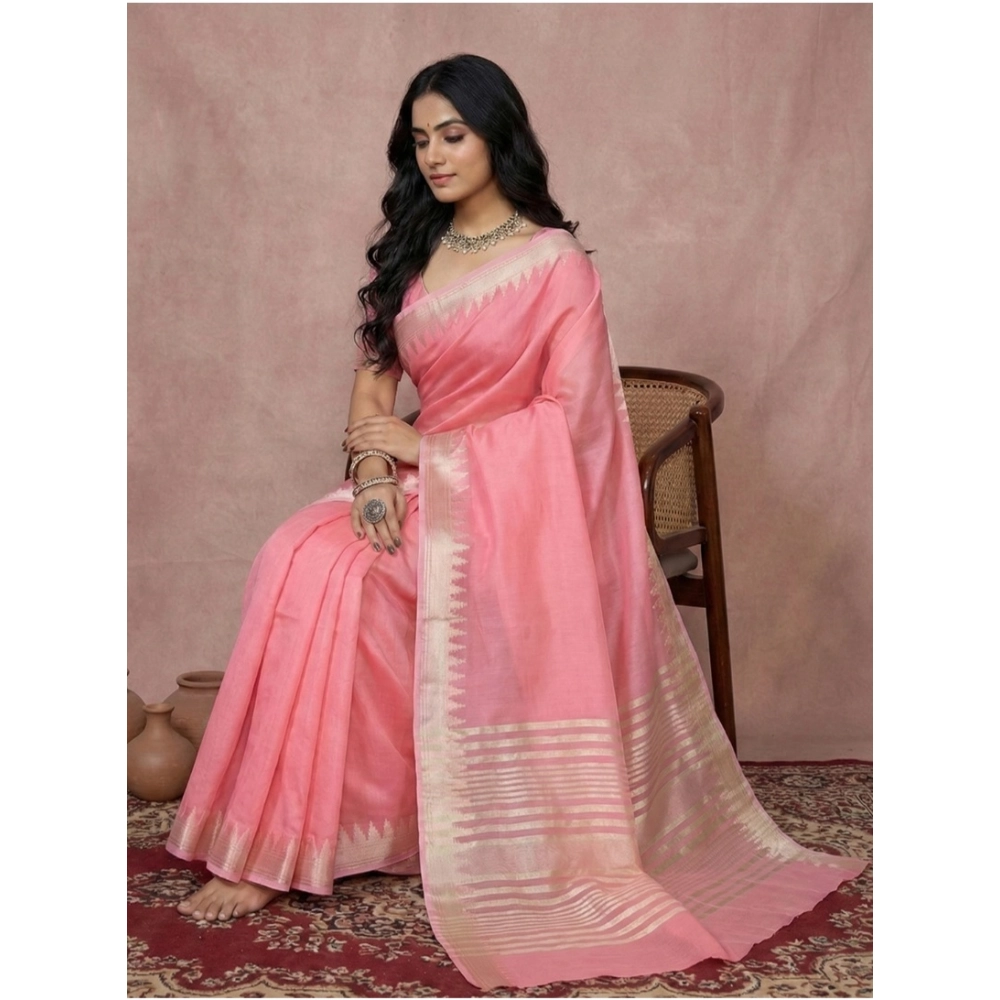 Generic Women's Cotton Printed Saree With Unstitched Blouse 5.5Mtr (Coral Pink) - Image 2