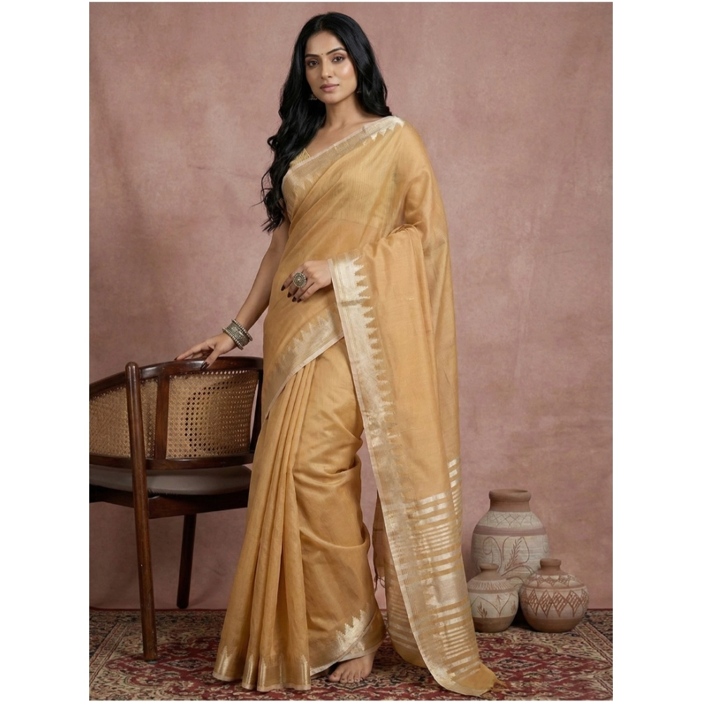 Generic Women's Cotton Printed Saree With Unstitched Blouse 5.5Mtr (Golden) - Image 2