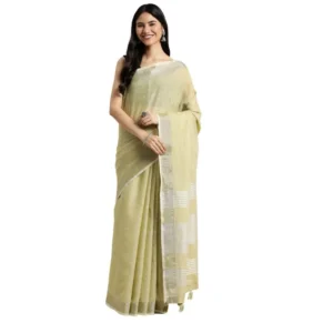 Generic Women's Linen Cotton Printed Saree With Unstitched Blouse 5.5Mtr (Olive Green)