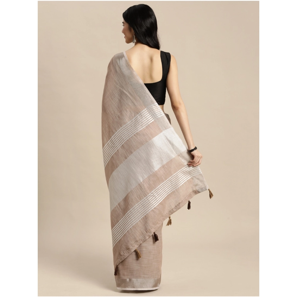 Generic Women's Linen Cotton Printed Saree With Unstitched Blouse 5.5Mtr (Beige) - Image 4