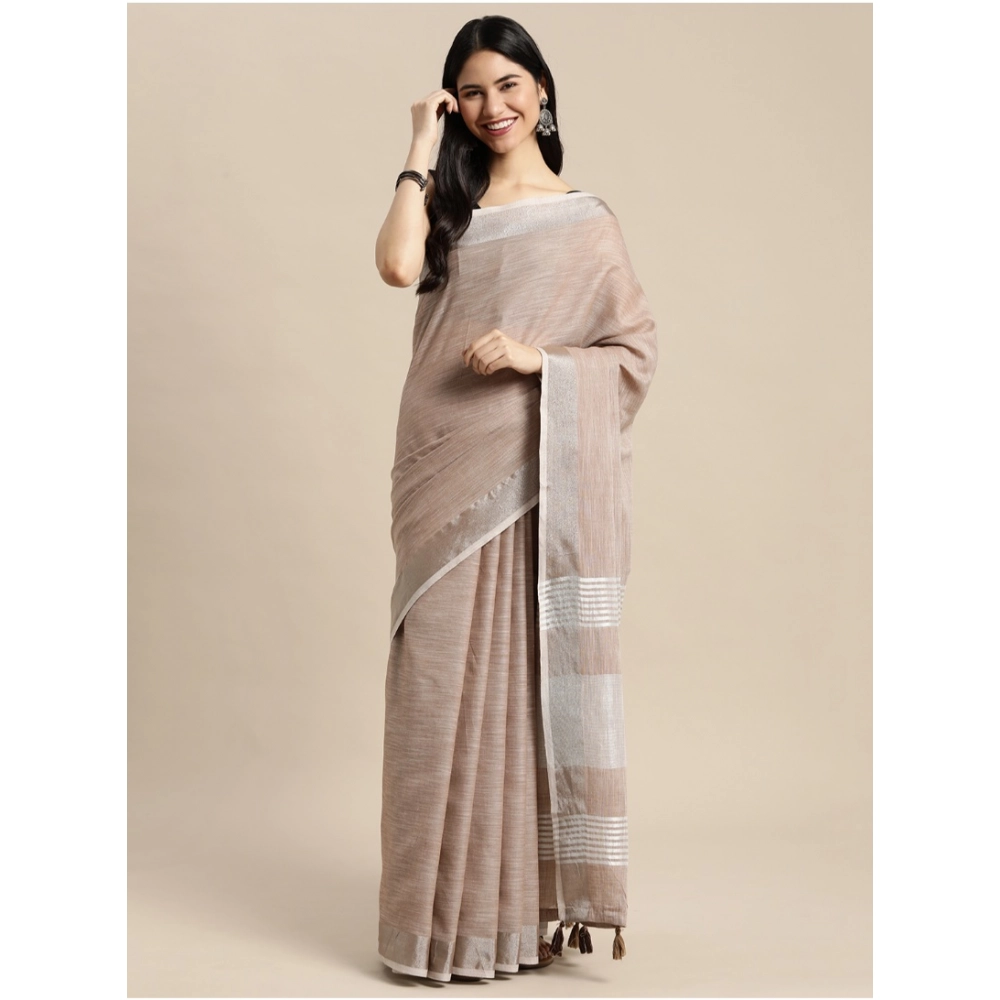 Generic Women's Linen Cotton Printed Saree With Unstitched Blouse 5.5Mtr (Beige) - Image 3